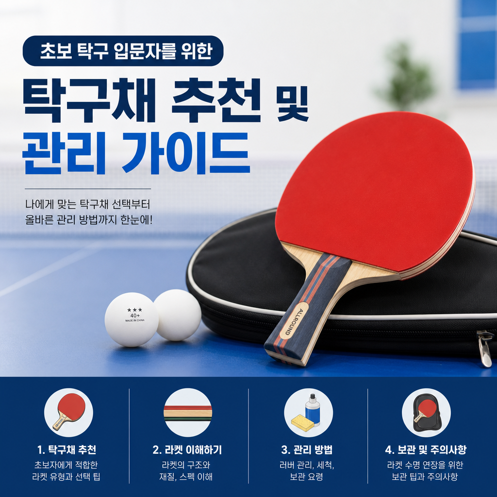 A table tennis paddle with maintenance tips and selection guide for beginners is displayed on a wooden table.