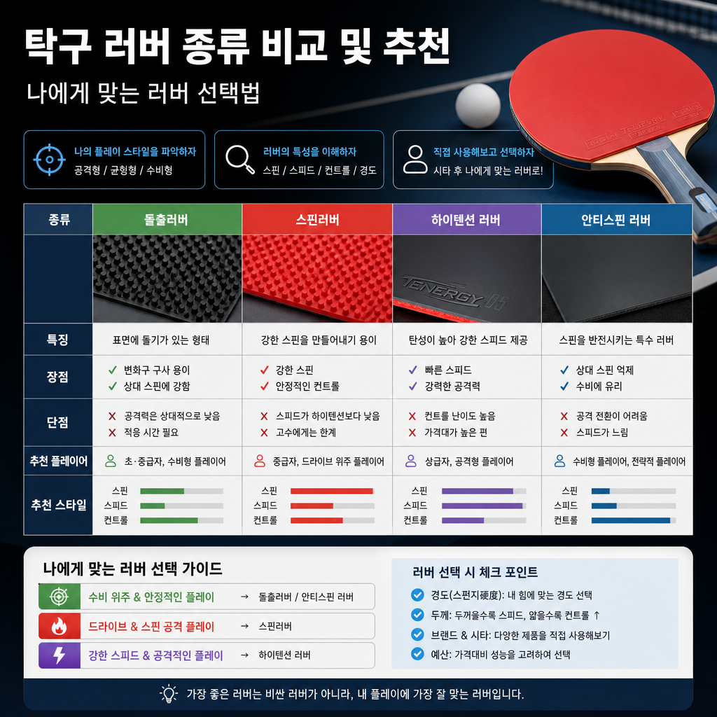 Comparison guide for types of table tennis rubbers, featuring recommendations and performance attributes.
