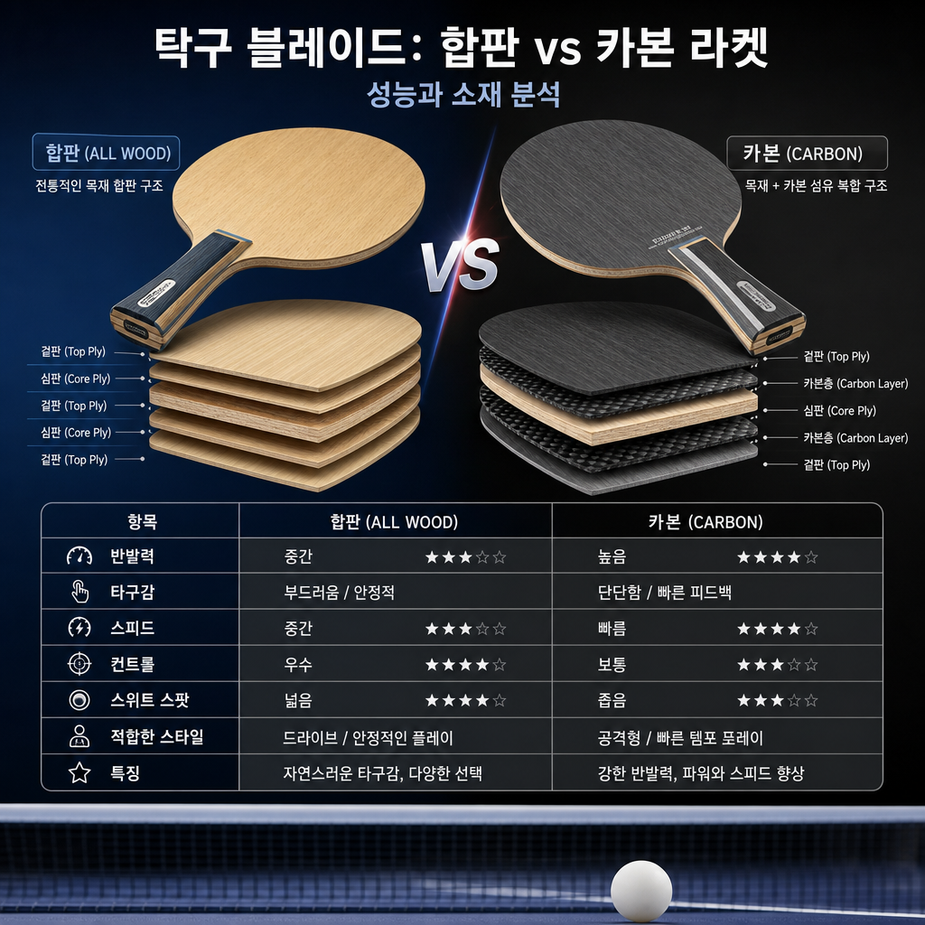 Infographic comparing performance and materials of plywood and carbon table tennis blades.
