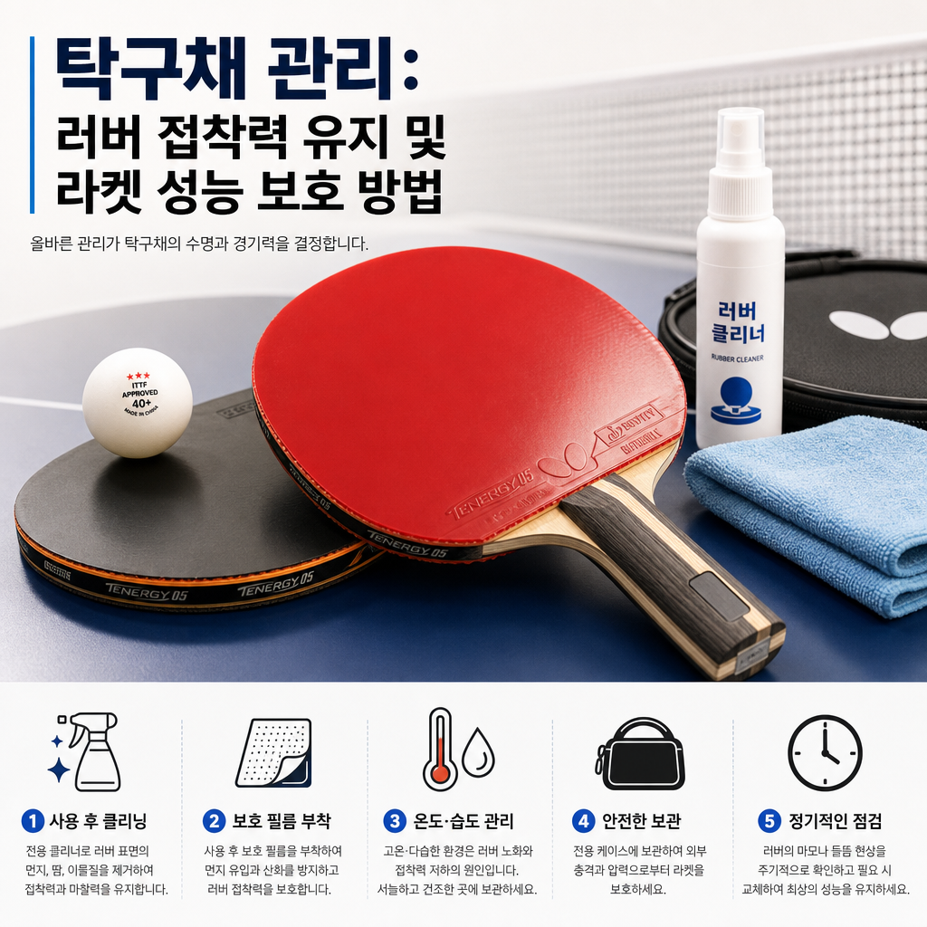 A table tennis paddle and cleaning supplies on a table; tips for maintaining rubber adhesion.