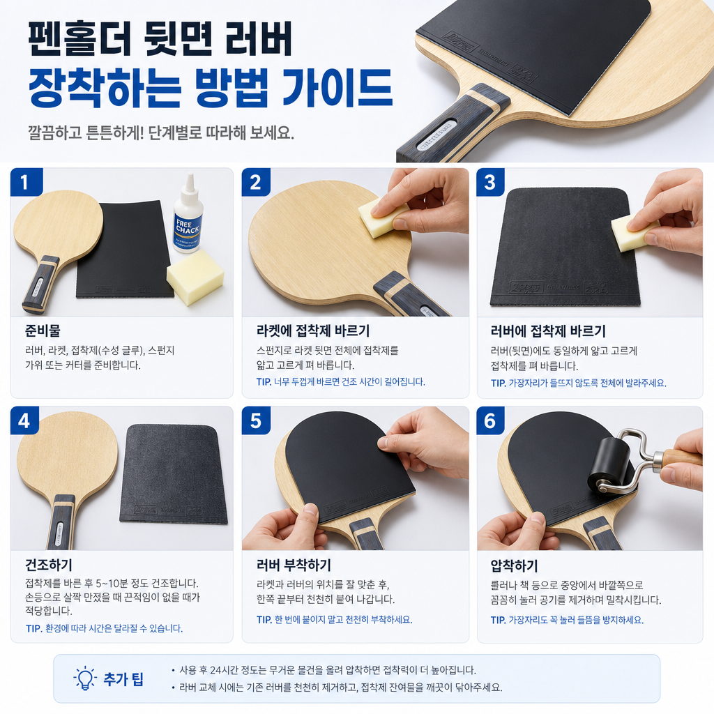 A person gluing rubber onto a table tennis paddle on a table.