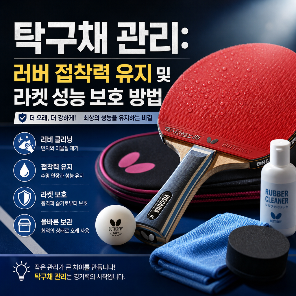 A table tennis paddle with a focus on rubber care tips, surrounded by cleaning supplies.